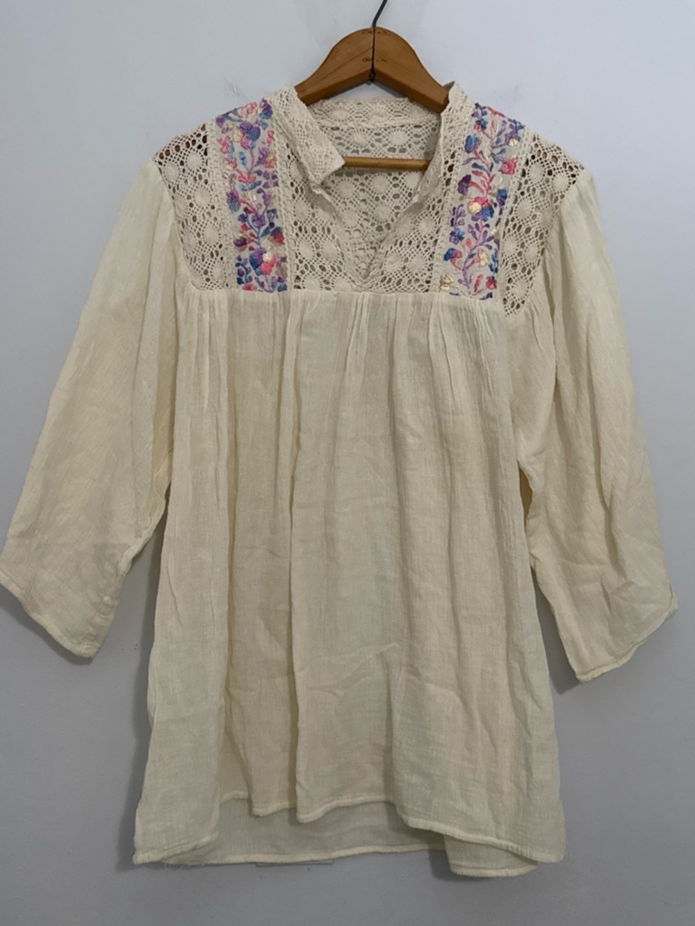 Cream Embroidered Lace Yoke Tunic Top Floral Feminine Cottagecore Fairy Boho